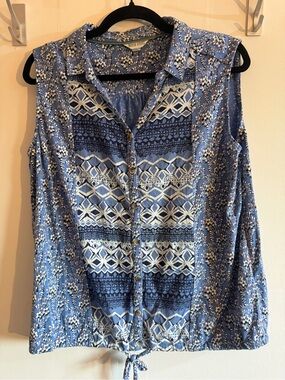 White Stuff UK 18 Blue Floral Mixed Print Cotton Sleeveless Button Top XL